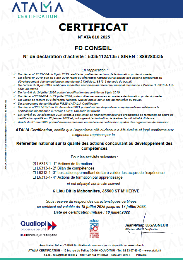 Certificat Qualiopi, FD Conseil, certification par ATALIA